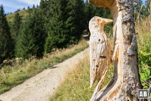 Mit der Motorsäge geformte Holzfiguren schmücken den Weg zur Brunnenkopfhütte