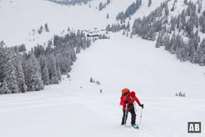 Schneeschuhwanderung Brecherspitz: Impressionen aus dem Gipfelhang - Bildmitte oben die Obere Firstalm