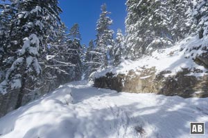 Von der Rietzaualm schwingt sich der präparierte Winterwanderweg in 5 Schleifen zur Vorderkaiserfeldenhütte nach oben