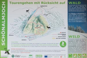 Die Schneeschuhtour zum Schönalmjoch führt durch ein Wald-Wild-Schongebiet. Wir sollten uns zwingend an die vorgegebene Route halten.