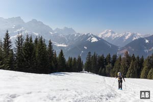 Schneeschuhtour Schönalmjoch: In der Lichtung oberhalb der Waldschneise - und wenige Meter unterhalb der Schlüsselstelle