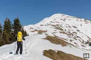 Schneeschuhwanderung Schönalmjoch: Anstieg vom Vorgipfel über den aussichtsreichen Westrücken zum kreuzlosen Hauptgipfel