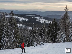 Schneeschuhwanderung Großer Arber: Am Horizont zeichnet sich die Krone der Alpen ab