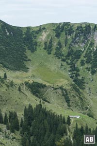 Aussicht in den Benzingkessel: Nach dem Jägerkamp werden wir vom grünen Sattel (oben) über diesen steilen Hang zur Benzingalm (rechts) absteigen