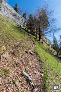 Die Querung nach rechts oben endet an der Schlüsselstelle.