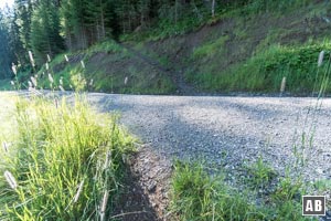 Mehrmals trifft unser Steig mit einer Schotterstraße zusammen. Wobei unsere Fortsetzung (wie hier) nicht immer auf der gegenüberliegenden Seite anschließt. Hält man sich immer bergauf kann man nicht viel falsch machen.