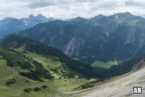 Rückblick auf unseren bisherigen Anstieg: Links der Bildmitte die Obere Roßalpe, rechts die grüne Ebene um den Vilsalpsee (verdeckt)