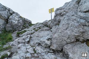 Ausstieg aus dem Nordhang an einer Scharte mit Wegweiser