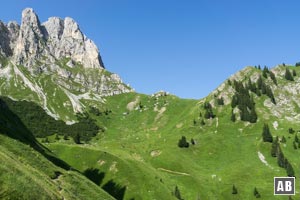 Der grüne Einschnitt des Sabachjochs zwischen Köllenspitze und Schneid