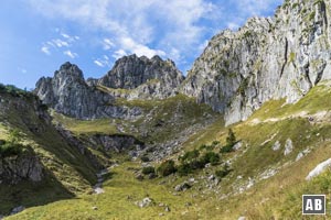 Im Wintertal unterhalb des Gipfelfelsens: Der Anstieg verläuft über die Scharte zwischen den beiden linken Felsriegeln