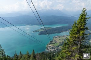 Tiefblick von der Bergstation der Herzogstandbahn auf den Walchensee