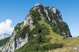 Über die grasige Schneise geht es bis zum Beginn des Felsens empor. Dort nach links durch die Latschen zur ersten Kletterstelle