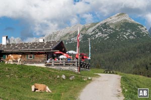 Die Jausenstation an der Kallbrunnalm mit dem Seehorn im Hintergrund