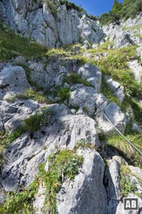 Rückblick auf den unteren Teil der Drahtseilpassage. Das Gelände ist steiler als es das Foto vermittelt kann!