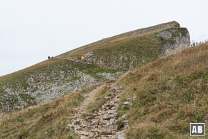 Nach der Felspassage wandern wir entlang der Abbruchkante das Bügelbrett bergan.