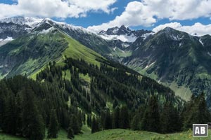 Rückblick auf Kreuzeck, Großer Krottenkopf, Fürschießer, das Traufbachtal und (ganz klein zu erkennen) die Krautersalpe an der wir vorher vorbeigekommen sind