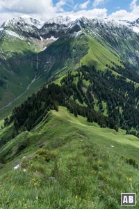 Rückblick auf den steilen Südostgrat. Die steilste Stelle ist hier noch nicht erreicht.