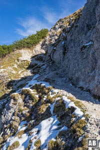 Rückblick auf die rutschige Schlüsselstelle des Kramersteigs