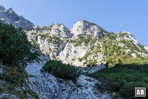 Hinter einem Geröllkar dominiert die gewaltige Steilstufe zum Gamsanger - wir müssen dort mitten durch