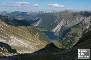 Aussicht von der Hinteren Schafwanne auf den Vilsalpsee.