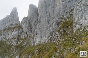 Am Felsen im Bild rechts befindet sich eine rotweisse Markierung und ein gelber Wegweiser. Hier beginnt der finale Aufstieg zur Regalmwand (Aufstieg über die grasigen Schrofen in der Mitte der rechten Bildhälfte nach rechts oben).