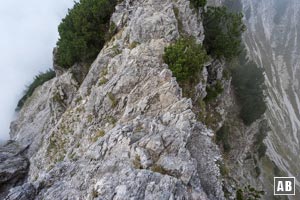 Der Grat vom Niederecksattel zum Gaisalphorn schnürt sich an einer kurzen Stelle auf wenige Zentimeter zusammen