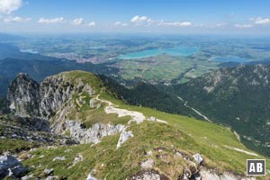 Blick vom Gipfel auf die Gemswiese, Forggen- und Bannwaldsee - und das Alpenvorland