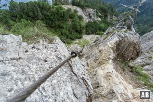 Die Schlüsselstelle im Abstieg: Eine senkrechte Felsstufe - durch diverse Installationen begehbar gemacht