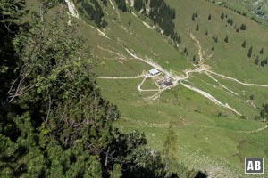 Tiefblick vom Grat auf die Gröbneralm