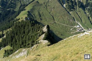 Beeindruckender Tiefblick vom Gipfel auf unsere Aufstiegslinie über den Grat. Links oben der Gröbner Hals, rechts die Gröbneralm.