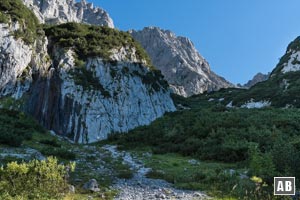 Über ein kleines Geröllfeld gelangen wir zu einem Wasserfall (links im Bild). Der weitere Anstieg zum Treffauer erfolgt nach rechts durch die Latschen.