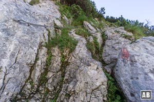 In der Traverse zur Westflanke des Treffauer helfen einige Drahtseile über schwierige Passagen