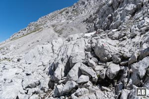 Oberhalb der Felsstufe nach links schwenken und den Trittspuren nachlaufen