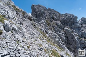 An der nächsten Steinmarkierung kann wiederum die Fortsetzung gut überblickt werden. Eine passable Trittspur leitet durch die Westflanke zu einer kleinen Scharte...