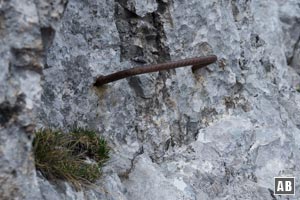 Ein künstlicher Griff (+ Bohrhaken) erleichtert das Abklettern der Felsstufe - trotzdem ist diese Stelle mit dem II. Grad zu bewerten