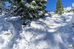 Die Abzweigung zur Naunspitze (ohne Spur nur schwer zu finden). Rechts geht es zum Petersköpf, links zur Naunspitze.