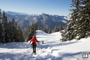 Bei angespannter Lawinensituation steigen wir an der unteren Hütte der Wildfeldalm eine Schneise in östliche Richtung nach oben und scheren in der Fortsetzung in den Traversenweg zum Rotwandhaus ein