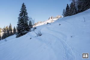 Den aufbäumenden Hang schräg links bergan