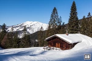 Eine Hütte der Gschwendteralm mit dem Dürrnbachhorn im Hintergrund