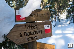 Nach etwa 100 m dürfen wir den Anschluss nicht verpassen. Am linken Rand zeigt ein Wegweiser unseren weiteren Aufstieg an... 