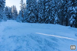 Die Fahrstraße vollzieht eine Kehre, an deren Scheitelpunkt wir die Fahrbahn verlassen und unsere Runde über einen anschließenden Waldpfad fortsetzen. 
Der Beginn des Waldpfades kann, wie auf diesem Bild, vom Winterdienst etwas verschüttet sein.