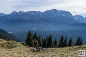 Erst an einer aussichtsreichen Wiese entspannt sich das Gelände: Fantastischer Blick auf die Zugspitze.