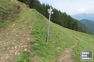 Am Gebäude der Vorderen Falkenbergalpe schlägt die Route erneut einen Haken.