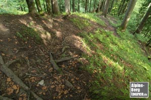 In einer längeren Etappe heftig geneigtes Gepräge abwärts (die Schlüsselpassage der Wanderung).