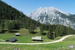 An den Hütten der Gotztalalm verbinden sich die Wandererabkürzung und die Mountainbikepiste zu einer gemeinsamen Linie