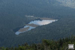 Zoom vom Arber-Gipfel auf den Kleinen Arbersee