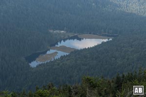 Zoom vom Arber-Gipfel auf den Kleinen Arbersee