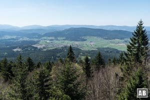 Tiefblick vom Mühlriegel auf Arnbruck und in das Zellertal