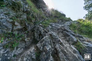 Während dieser anhaltenden Steilpassage gönnen uns die Wegebauer ab und zu ein Drahtseil - wenn diese auch in keinem guten Zustand waren