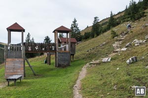 An der Bergstation rechts am Spielgerät vorbei, folglich in den augenscheinlichen Pfad einfädeln